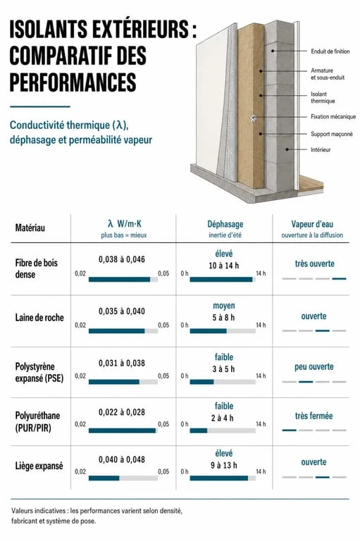 Comparatif des performances des meilleurs isolants pour l'isolation thermique par l'extérieur (ITE)