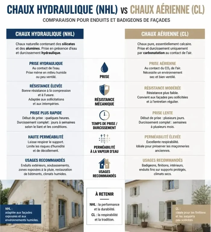 Comparatif technique entre chaux hydraulique et chaux aérienne pour enduit à la chaux façade
