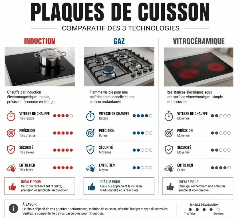 Infographie comparative des meilleures plaques de cuisson : induction, gaz et vitrocéramique