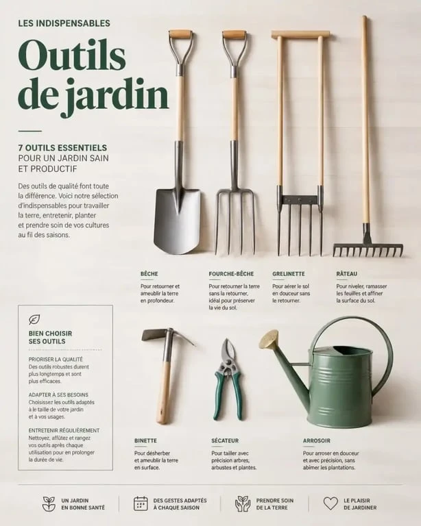 Liste illustrée des outils de jardinage essentiels pour entretenir son potager