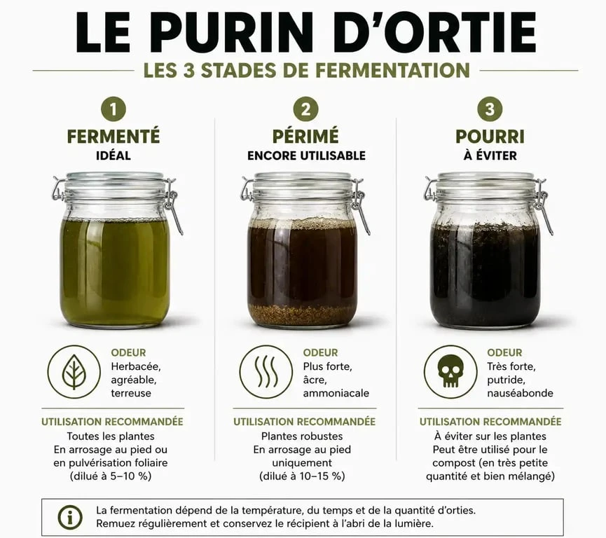 Infographie comparative des états du purin d'ortie : fermenté, périmé et pourri pour le jardin