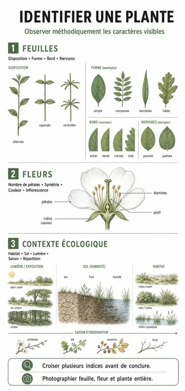 Infographie illustrant les étapes clés pour identifier une plante sauvage ou de jardin.