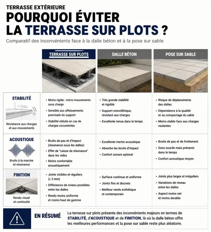 Tableau comparatif des inconvénients d'une terrasse sur plots par rapport aux autres méthodes de pose