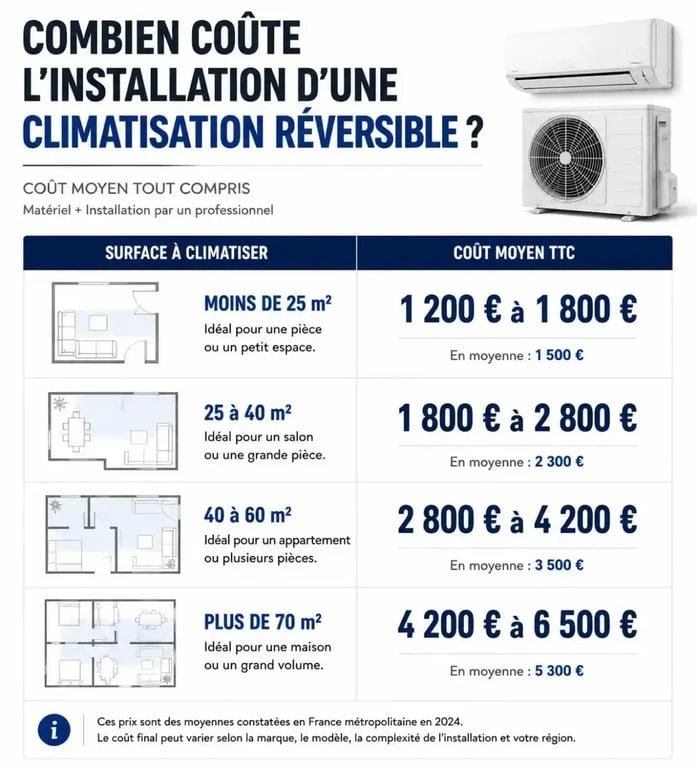 Infographie des prix moyens d'une climatisation réversible selon la surface de la pièce
