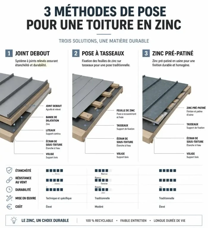 Comparatif des méthodes de pose pour une toiture zinc à Paris : joint debout, tasseaux et pré-patiné.