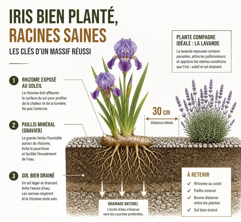 Infographie sur les conseils pour réussir son massif d'iris et que mettre au pied des iris