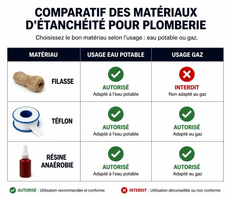 Tableau comparatif des matériaux d'étanchéité : filasse, téflon et résine pour vos travaux de plomberie et gaz.