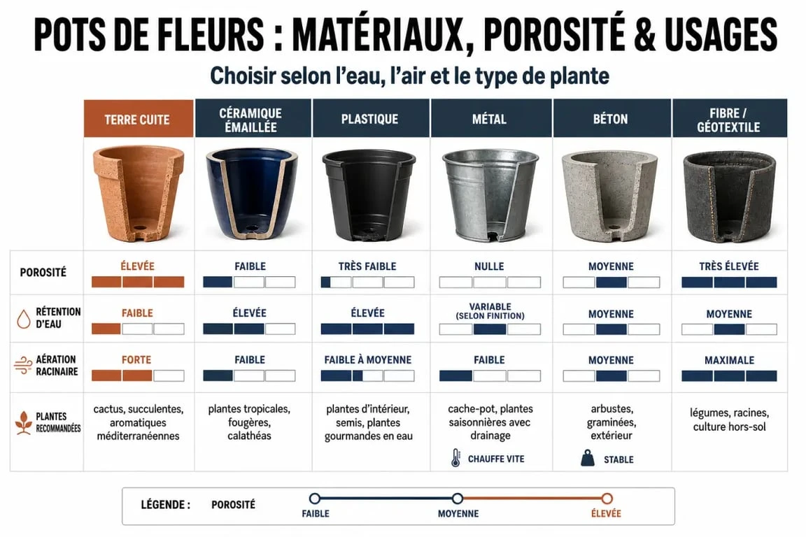 Infographie comparative des matériaux de pots de fleurs pour choisir le contenant idéal selon vos plantes