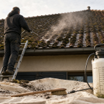 Exemple devis démoussage toiture : couvreur démousse tuiles sur échelle