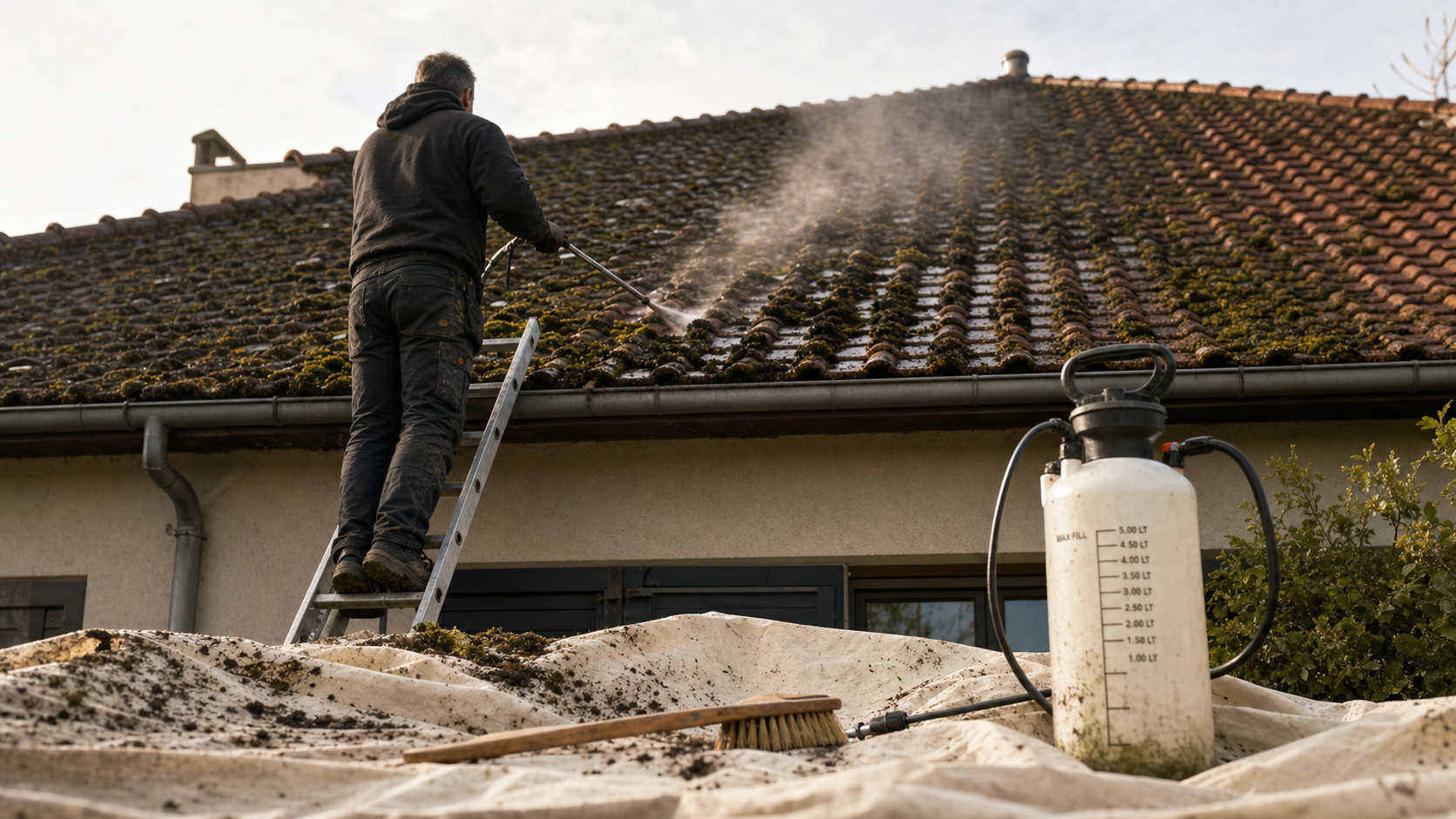 Exemple devis démoussage toiture : couvreur démousse tuiles sur échelle