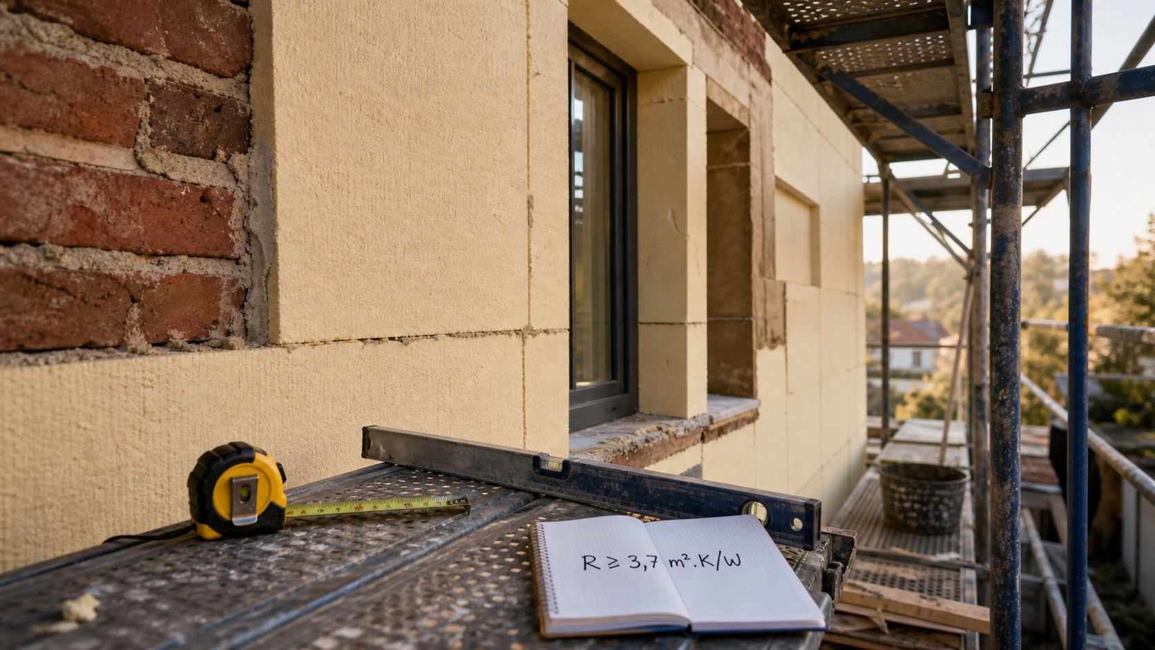 ITE : isolation exterieure quelle epaisseur, mur isolé sur chantier