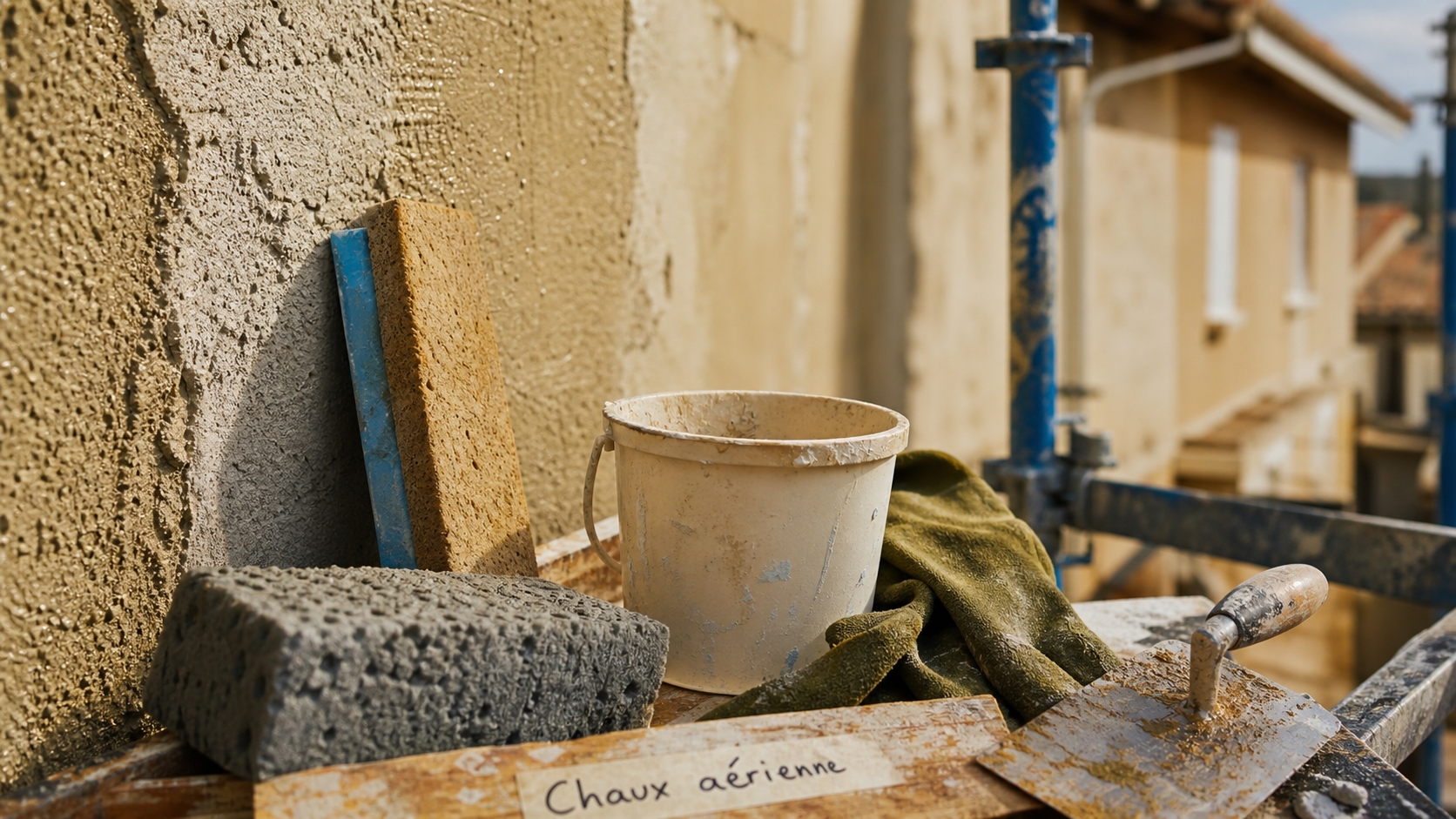 Mur à la chaux extérieur : enduit à la chaux sur parpaing, chaux humide