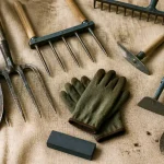 Outils de jardinage liste avec photos pour potager : bêche, grelinette, gants