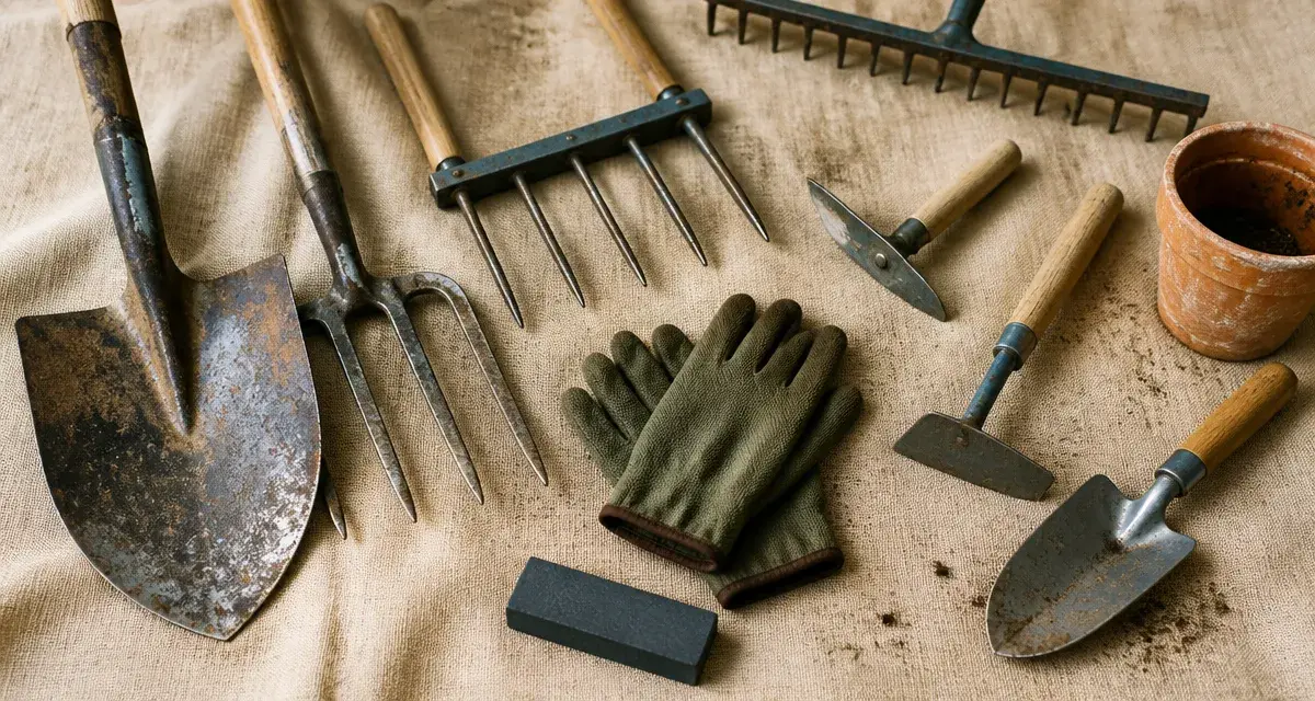 Outils de jardinage liste avec photos pour potager : bêche, grelinette, gants