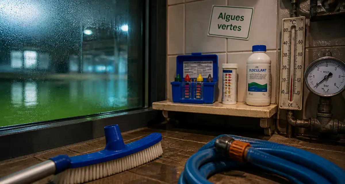 Piscine algue verte : eau vert-olive dans le local technique