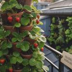 Plantation fraisier en hauteur : tour à fraisiers en poches, fraises mûres