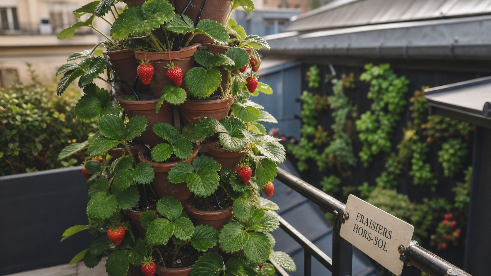 Plantation fraisier en hauteur : tour à fraisiers en poches, fraises mûres