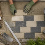 pose pavage chantier pavés outils sable