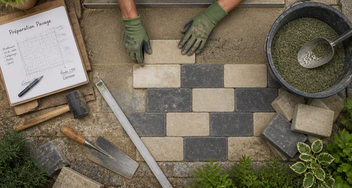 pose pavage chantier pavés outils sable