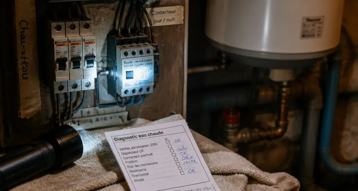 Pourquoi je n ai plus d eau chaude : chauffe-eau électrique ouvert et tableau électrique en buanderie