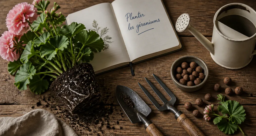 quand planter geranium sur table avec outils