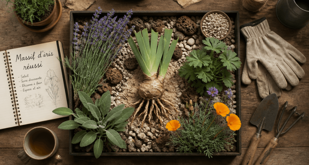 que mettre au pied des iris, plantes compagnes et paillis