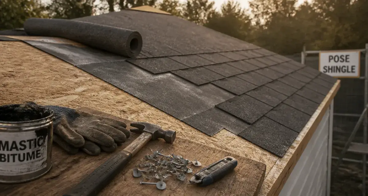 Shingle toiture en pose sur OSB, bardeaux anthracite