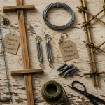 Support plante grimpante sur table avec outils et matériaux