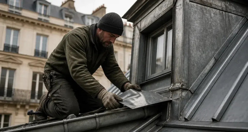 Toiture zinc Paris : couvreur zingueur sur une toiture zinc