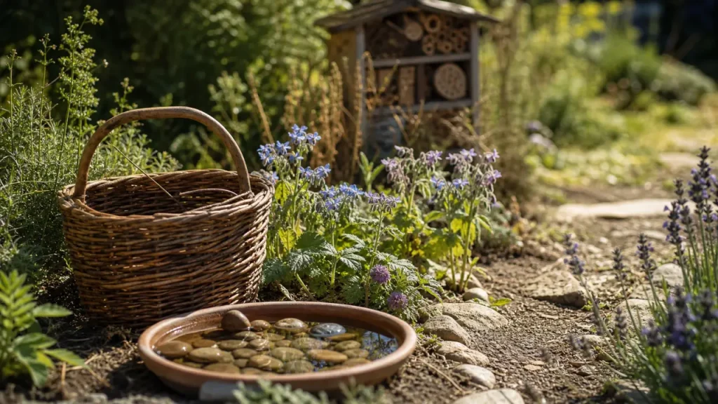 Attirer les pollinisateurs au jardin : corbeille, eau et fleurs bordées d’abris insectes