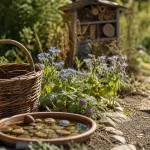 Attirer les pollinisateurs au jardin : corbeille, eau et fleurs bordées d’abris insectes
