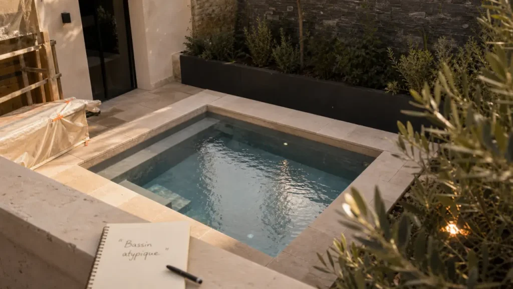 bassin atypique : petit bassin enterré <10 m², eau bleu acier, patio