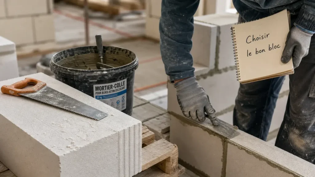 Bloc beton cellulaire 10 cm sur chantier neuf