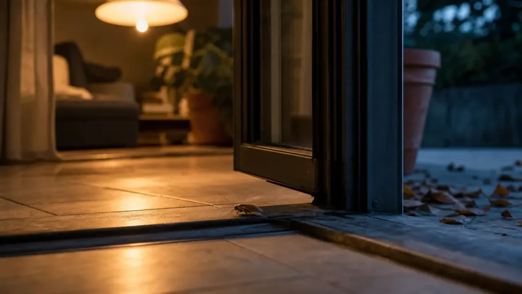 Cafard de jardin ou de maison : blatte dans un salon près de la porte-fenêtre