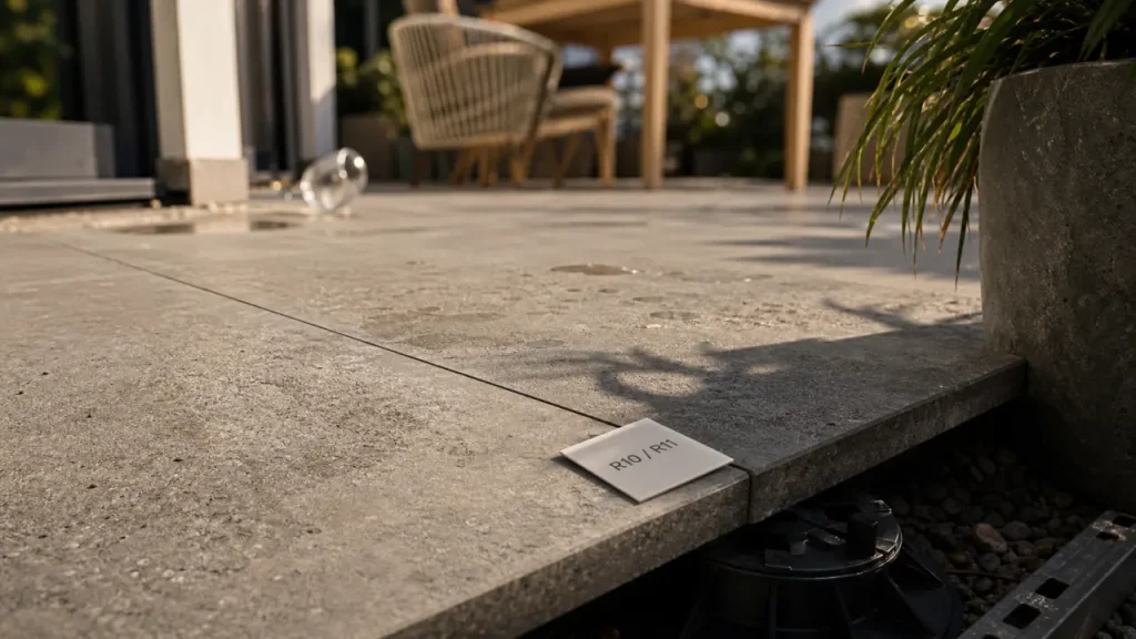 Carrelage terrasse moderne effet béton R11 sur plots