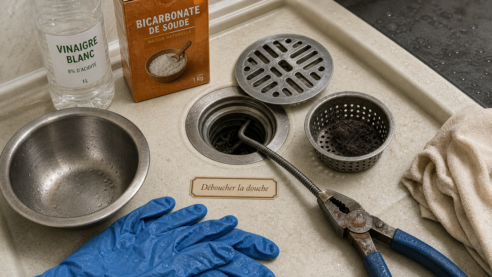 Deboucher la douche : furet et siphon bouchés, gants et vinaigre
