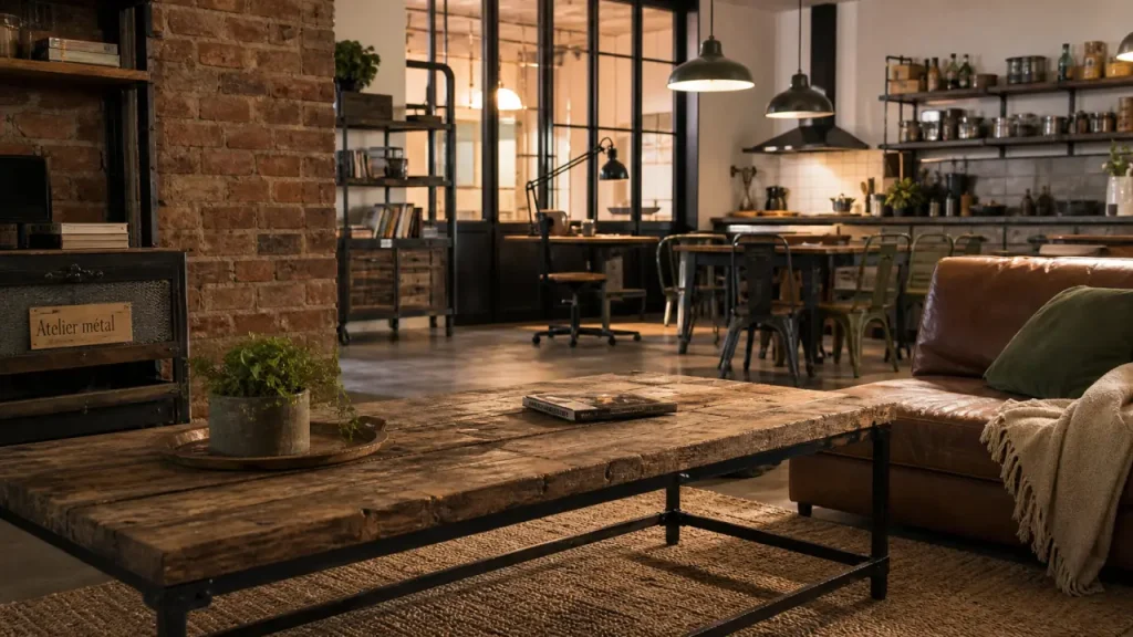 Déco atelier : verrière noire, métal patiné et bois brut dans un intérieur atelier