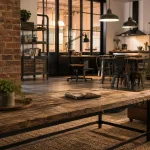 Déco atelier : verrière noire, métal patiné et bois brut dans un intérieur atelier