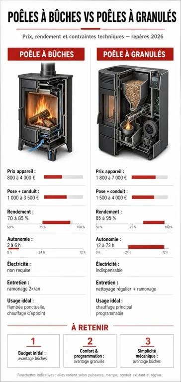 Infographie comparative du coût et des performances des poêles à bois et granulés pour estimer le budget d'installation