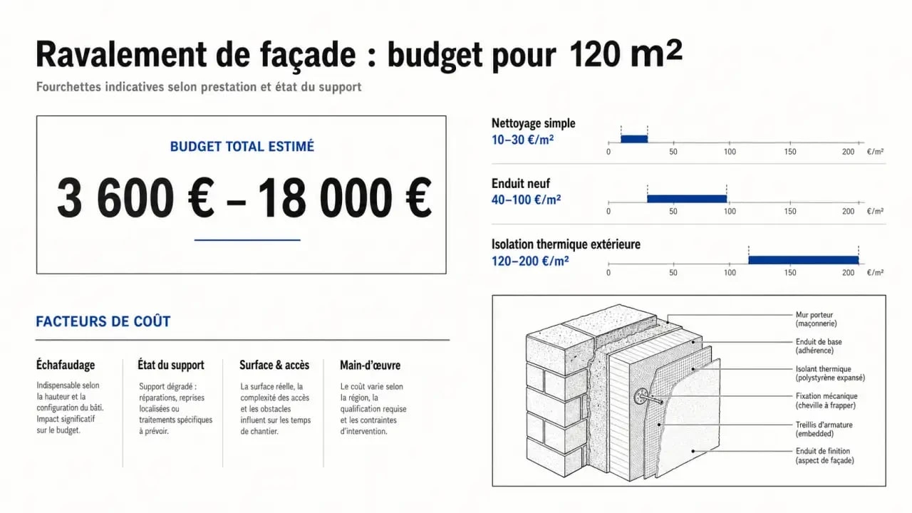 Prix ravalement façade maison 120m2 : infographie comparative des budgets et des principaux facteurs de coût