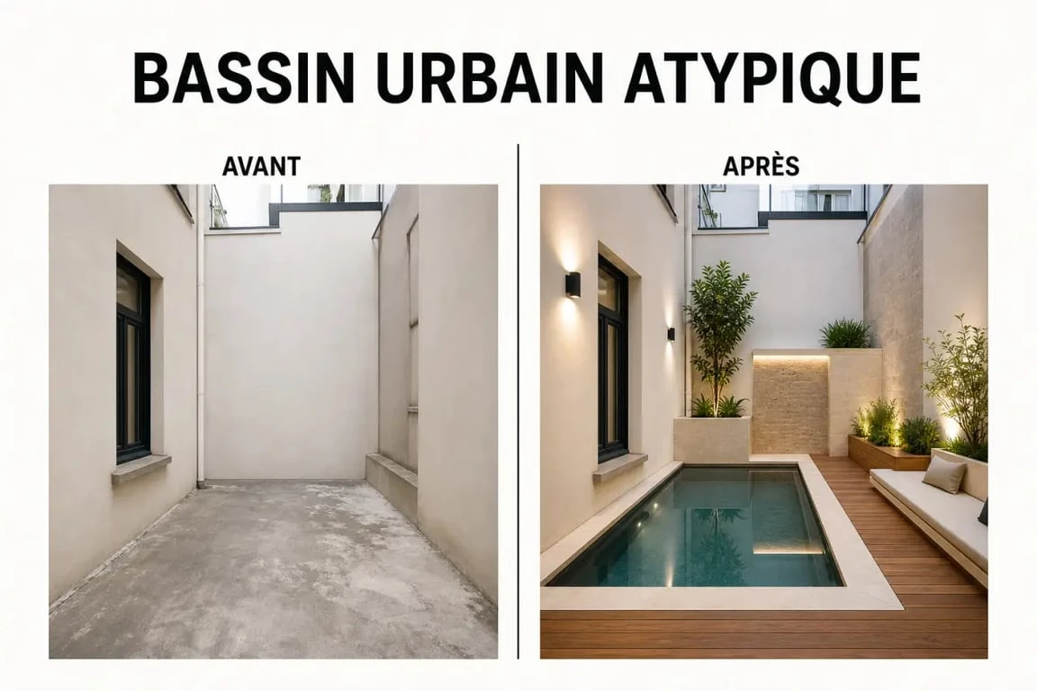 Bassin atypique dans une petite cour urbaine, illustration d’une piscine citadine haut de gamme