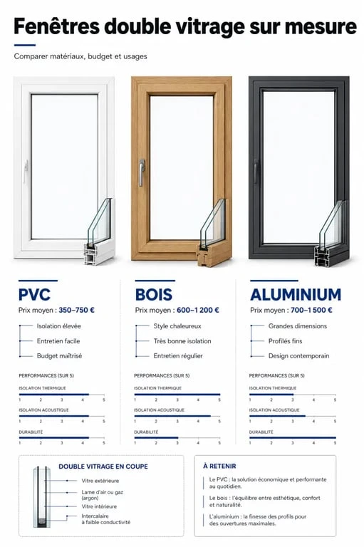 Fenêtre double vitrage sur mesure en comparaison PVC, bois et aluminium avec prix et caractéristiques