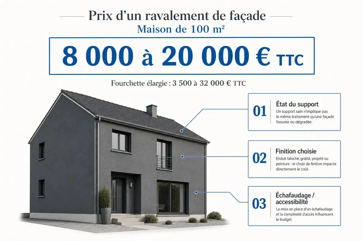 Prix ravalement façade maison 100m2 : illustration éditoriale avec fourchette de budget et facteurs de coût