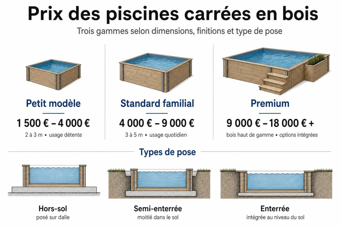 Infographie comparative des prix et types d'installation pour une piscine carrée en bois