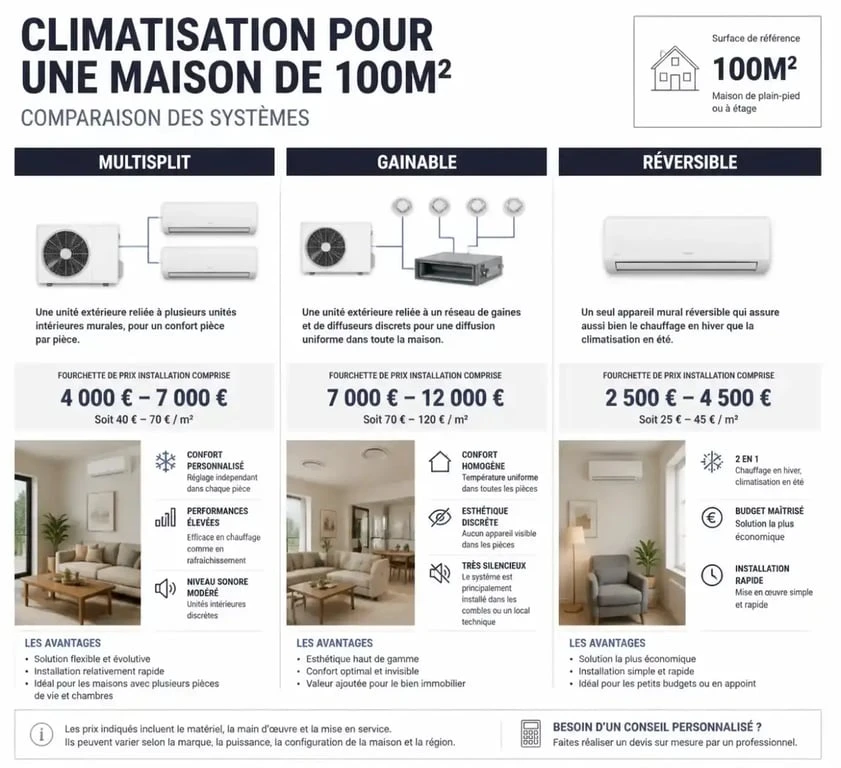 Comparatif des prix et types de climatisation pour une maison de 100m2