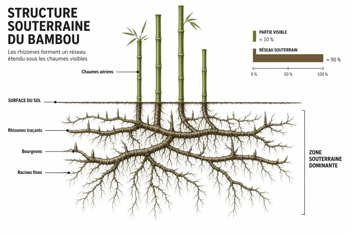 Schéma explicatif de la structure souterraine des rhizomes de bambou pour comprendre l'échec des produits pour tuer des bambous