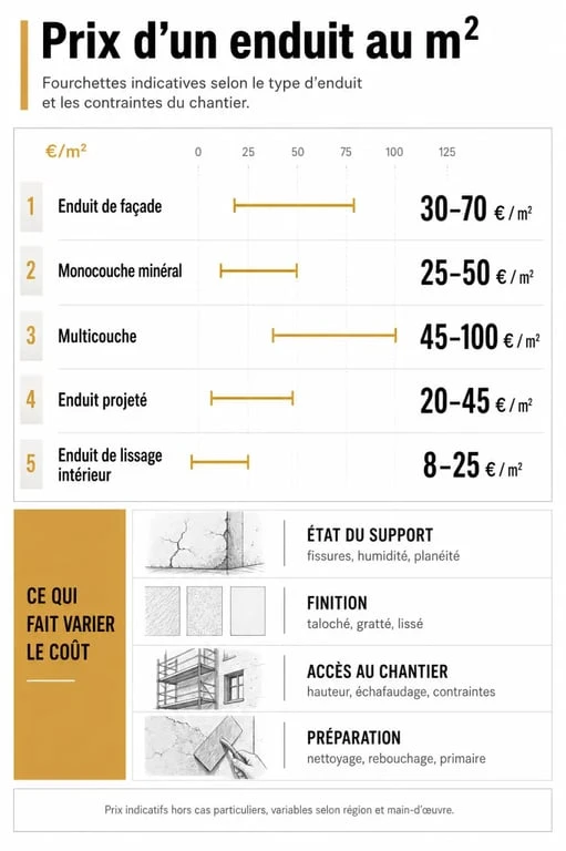 Infographie sur enduit prix m2 avec comparatif des tarifs selon le type d’enduit et les facteurs de coût