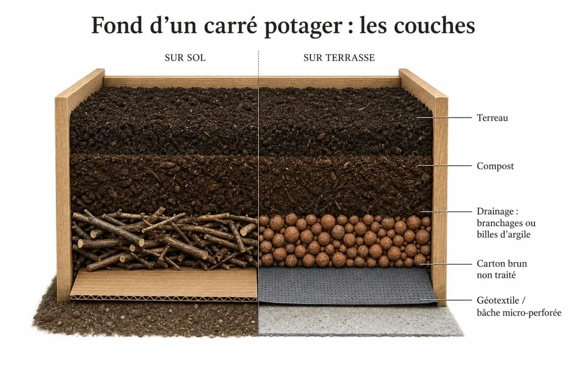 Que mettre au fond d'un carré potager : schéma en coupe des couches et matériaux recommandés