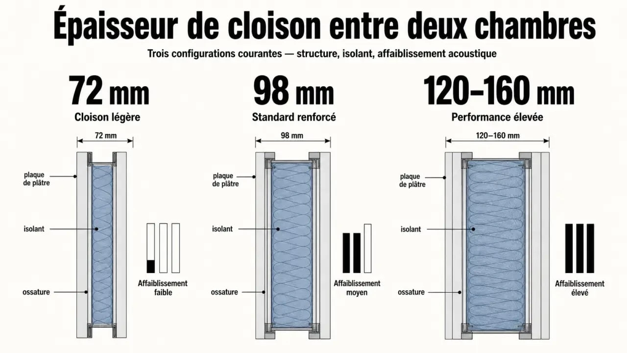 Épaisseur cloison entre 2 chambres : comparaison visuelle des solutions 72 mm, 98 mm et 120 à 160 mm pour l'isolation phonique