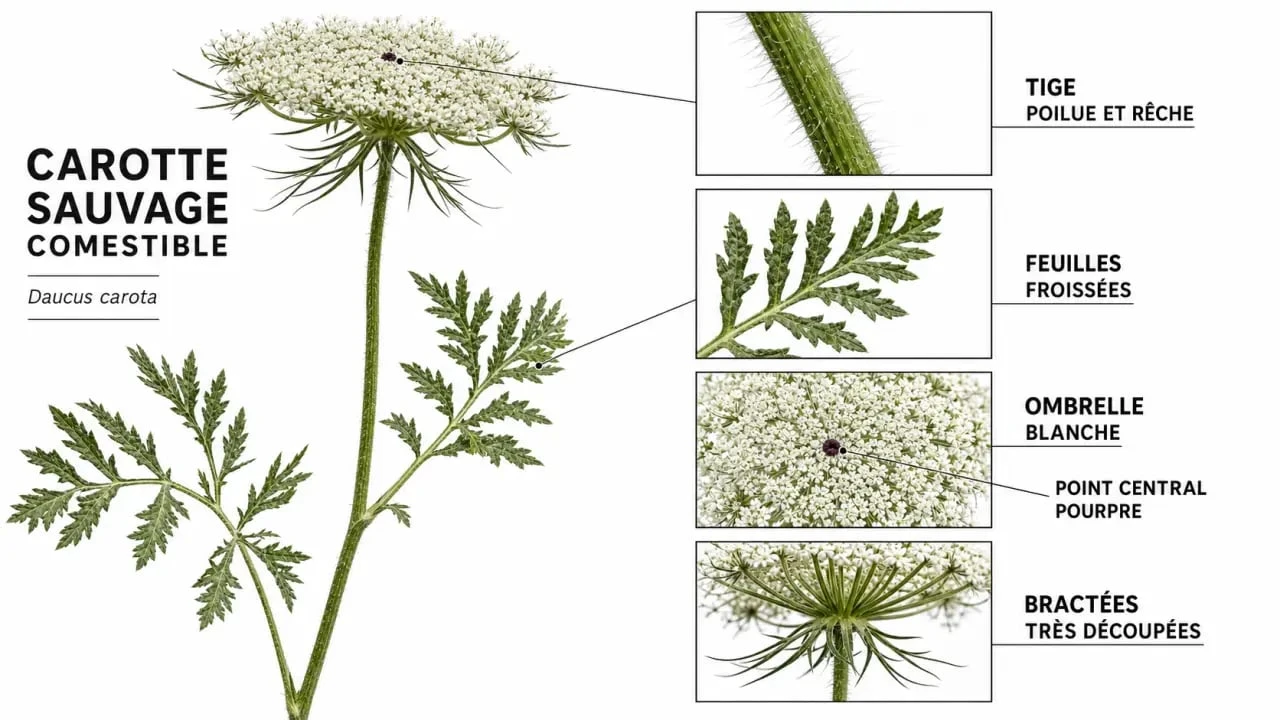 Carotte sauvage comestible : illustration des critères d’identification avec tige poilue, ombelle blanche et bractées découpées
